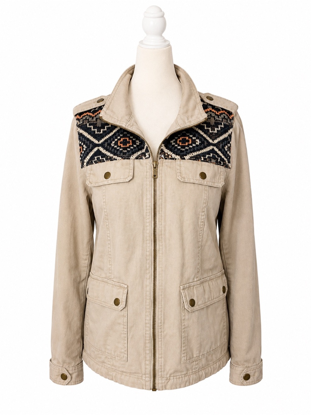 Blu Pepper Womens Utility Jacket Size S Beige Tribal Knit Panel Zip Front Boho